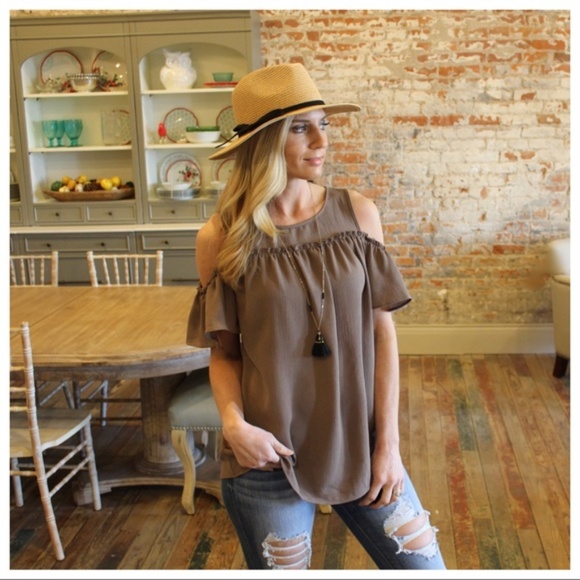 Infinity Raine Tops - LAST ONE! Dark Taupe Cold Shoulder Tunic